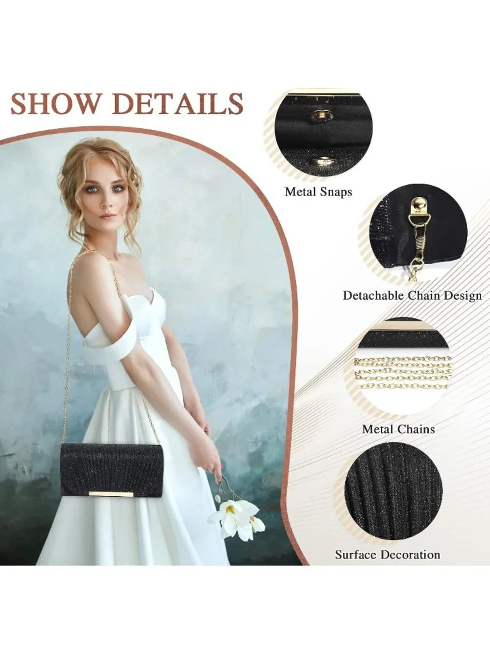 Women's Black Glitter Clutch Purse Formal Evening Bag Wedding Party Handbag